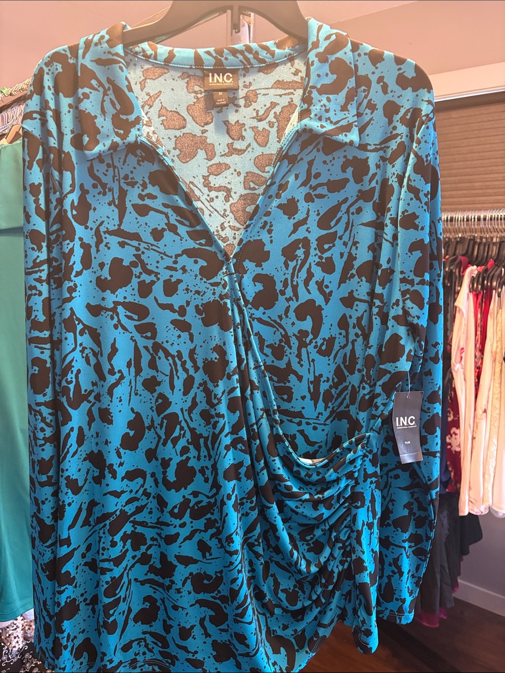 INC International Concepts Turquoise and Black Patterned Shirt (3X)